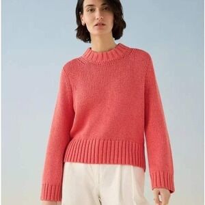 White & Warren Lofty Cotton High Rib Crewneck Sweater Womens Small Pink Luxury